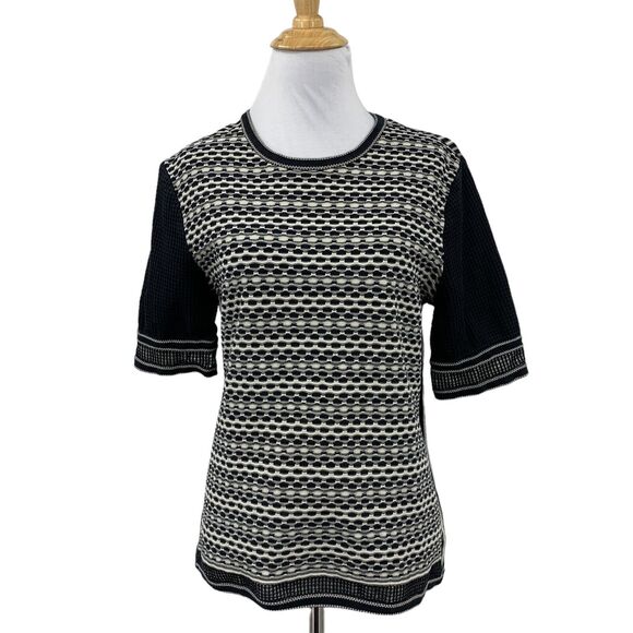 Tory Burch Top Womens M Medium Black White Knit Half Sleeve Patterned Crew Neck - Picture 1 of 12